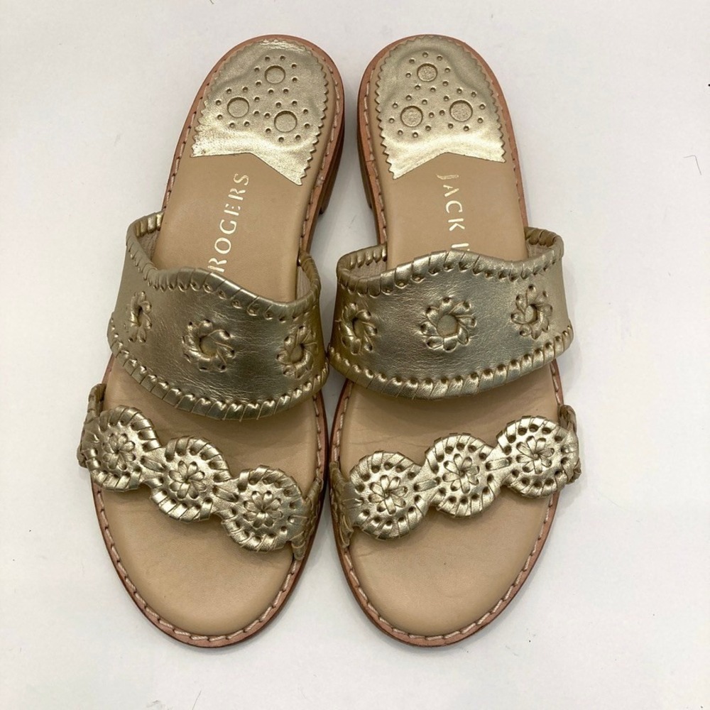 Jack Rogers Caroline Leather Slide Sandals Womens 7M Gold Woven Open Toe Flats